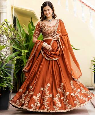 Orange Silk Thread Embroidery Work semi Sttiched Lehenga Choli 3