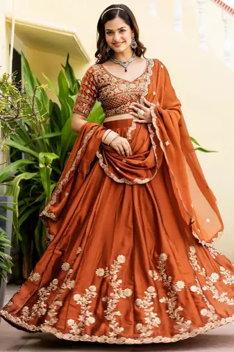 Orange Silk Thread Embroidery Work semi Sttiched Lehenga Choli