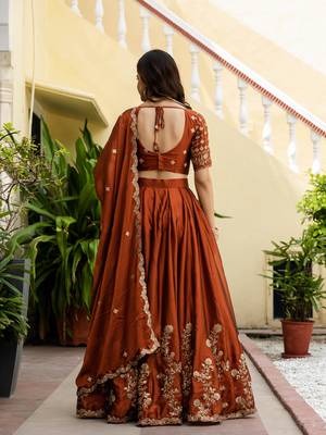 Orange Silk Thread Embroidery Work semi Sttiched Lehenga Choli 4