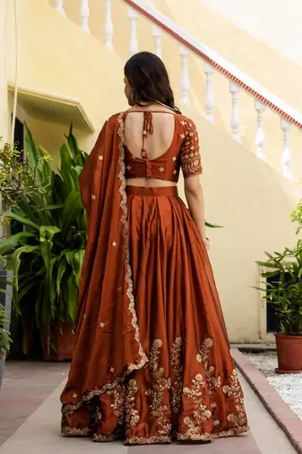 Orange Silk Thread Embroidery Work semi Sttiched Lehenga Choli