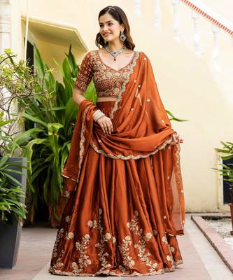 Orange Silk Thread Embroidery Work semi Sttiched Lehenga Choli 5