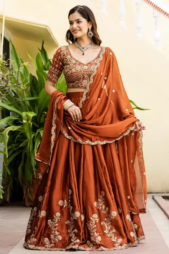 Orange Silk Thread Embroidery Work semi Sttiched Lehenga Choli