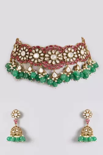 Gold plated multicolor stone choker necklace set