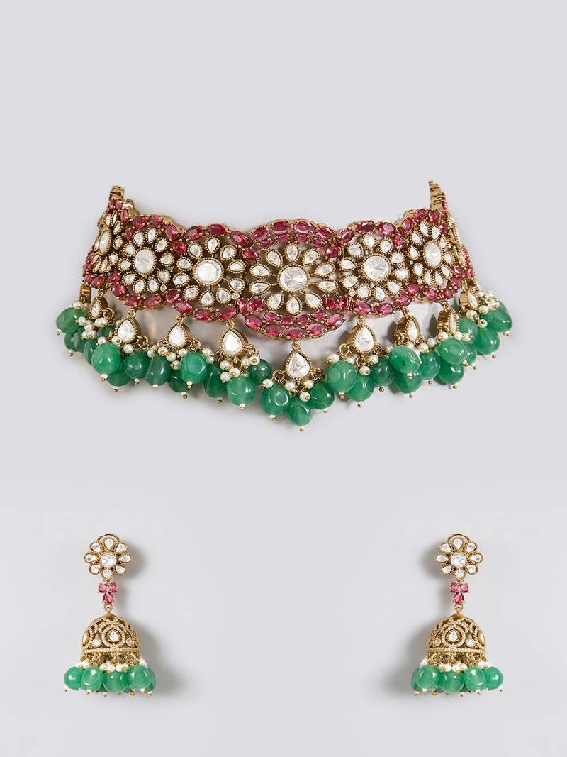 Gold plated multicolor stone choker necklace set