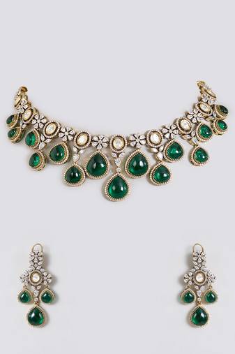 Gold plated green stone choker necklace set