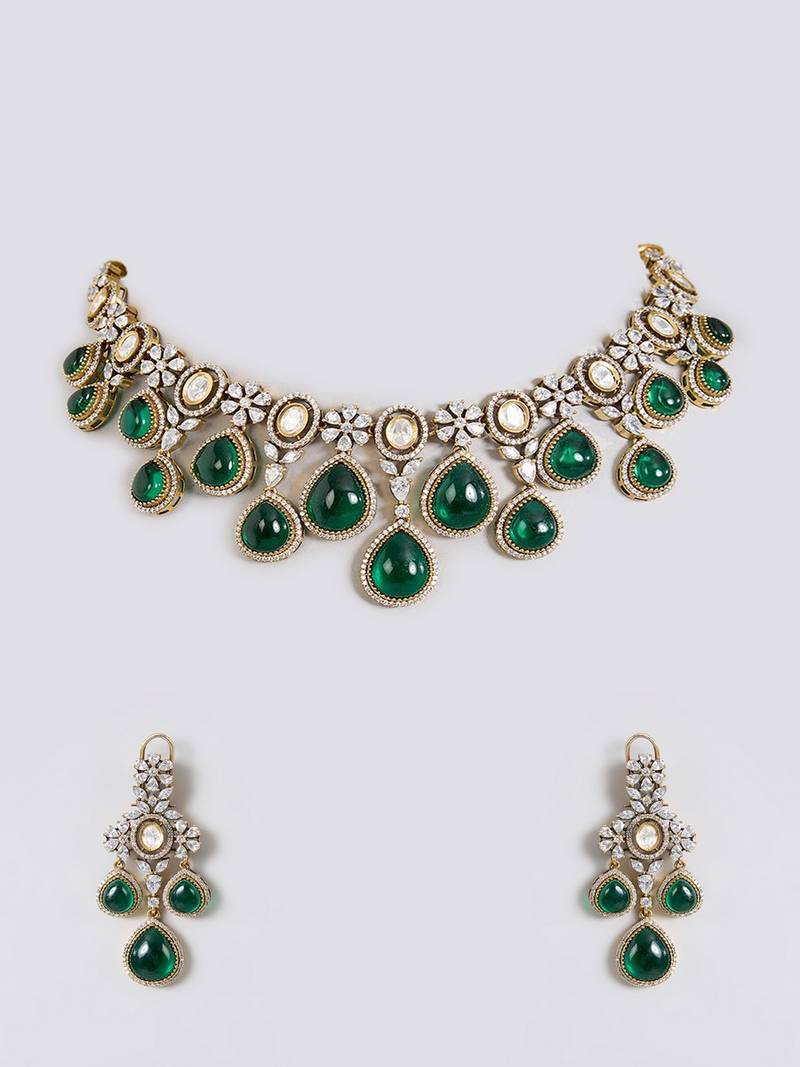Gold plated green stone choker necklace set