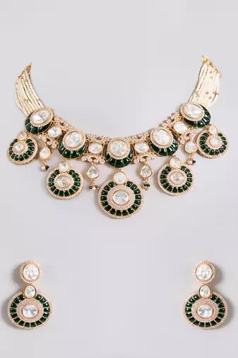 Gold plated green stone necklace set