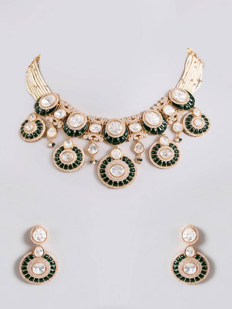 Gold plated green stone necklace set