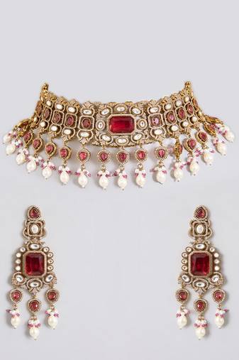 Gold plated red stone pearl choker set