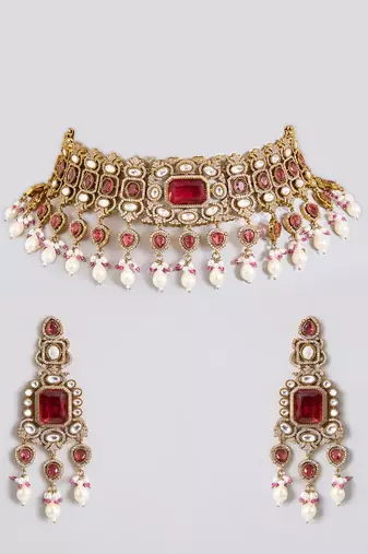Gold plated red stone pearl choker set
