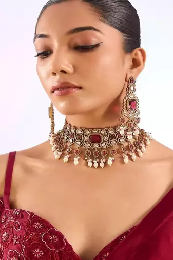 Gold plated red stone pearl choker set