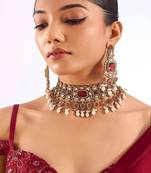 Gold plated red stone pearl choker set