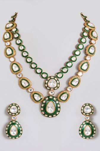 Gold plated green stone layered necklace set