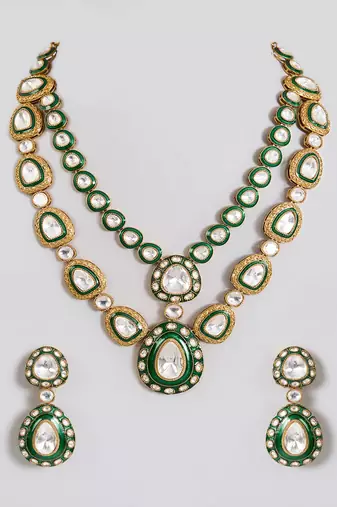 Gold plated green stone layered necklace set