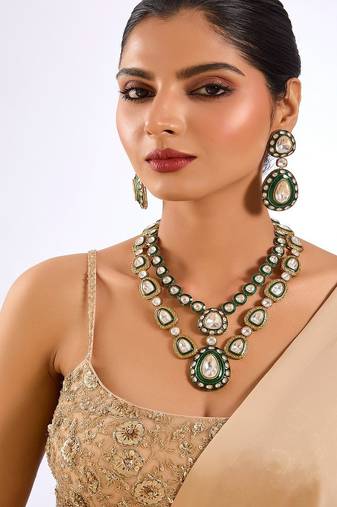 Gold plated green stone layered necklace set
