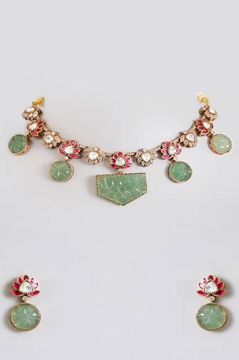 Gold plated green stone choker necklace set