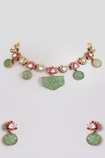 Gold plated green stone choker necklace set