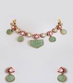 Gold plated green stone choker necklace set