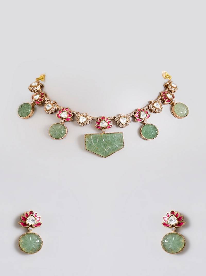 Gold plated green stone choker necklace set