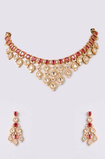 Gold plated red stone necklace set
