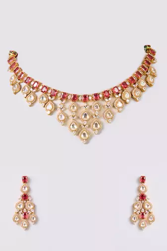 Gold plated red stone necklace set