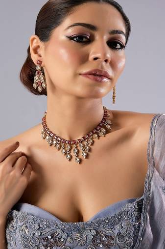 Gold plated red stone necklace set