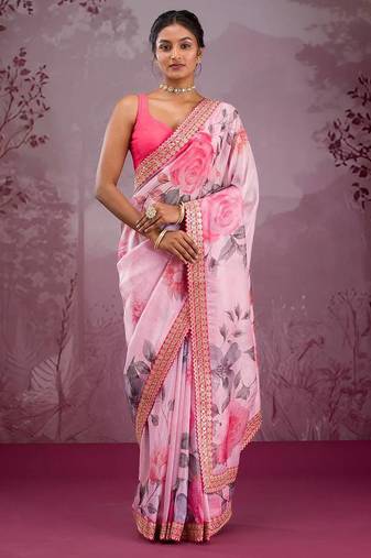 New Designer Printed chinnon silk Saree With Blouse Set For Women's