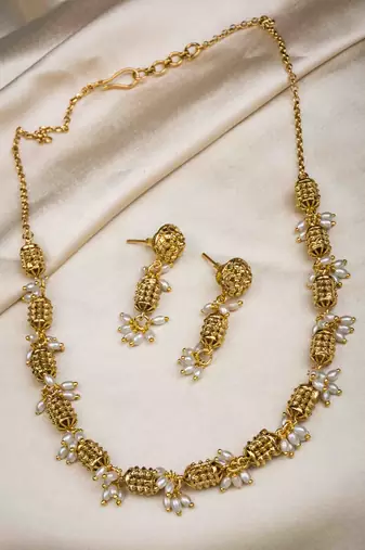 Antique finish golden beads necklace with rice pearl