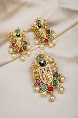 Antique finish cz and multi color stones balaji pendant set 1