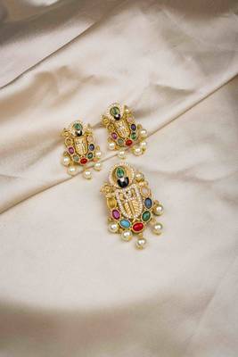 Antique finish cz and multi color stones balaji pendant set 2