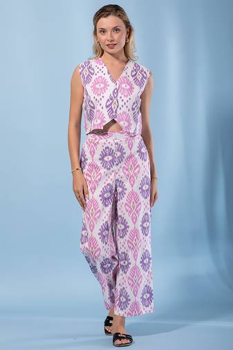 Jaitpuriya women purple and cream pure cotton sleeveless co-orde set