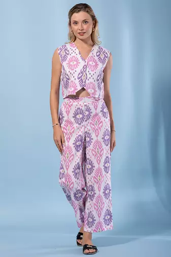 women purple and cream pure cotton sleeveless co-orde set