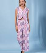 women purple and cream pure cotton sleeveless co-orde set