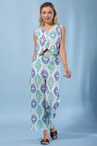 women blue and cream pure cotton sleeveless co-orde set