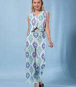 women blue and cream pure cotton sleeveless co-orde set