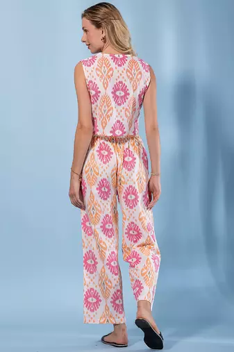 women orange and cream pure cotton sleeveless co-ord set