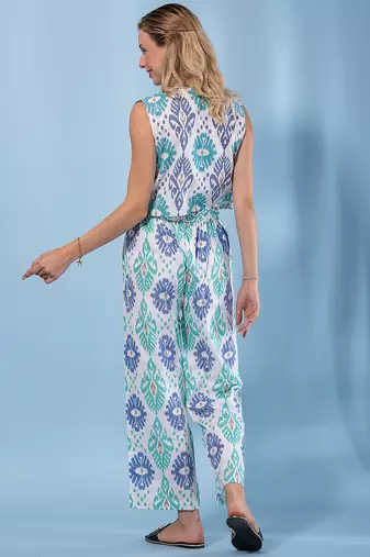 women blue and cream pure cotton sleeveless co-ord set