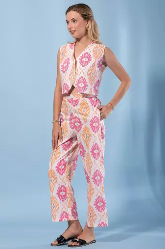 women orange and cream pure cotton sleeveless co-ord set