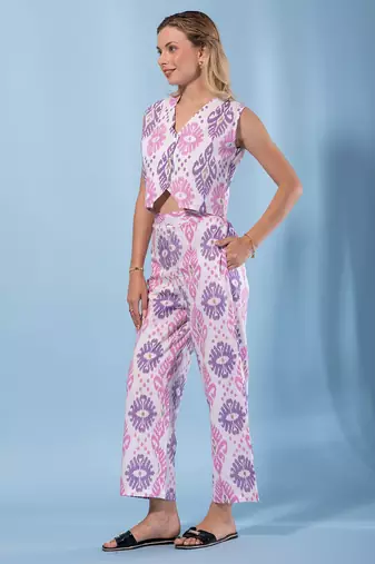 women purple and cream pure cotton sleeveless co-ord set