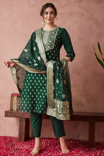 Rajgranth women's chanderi silk embroidered kurta set with jacquard dupatta