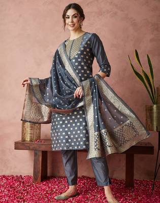 Rajgranth women's sequin work chanderi print straight side slit kurta set 1