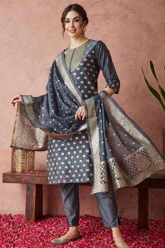 Rajgranth women's sequin work chanderi print straight side slit kurta set