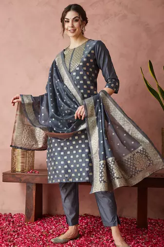 Rajgranth women's sequin work chanderi print straight side slit kurta set