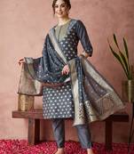 Rajgranth women's sequin work chanderi print straight side slit kurta set