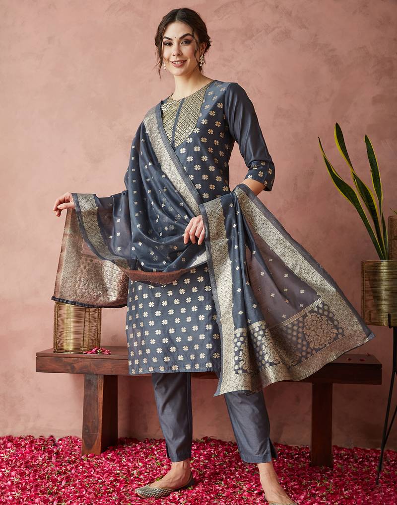 Rajgranth women's sequin work chanderi print straight side slit kurta set
