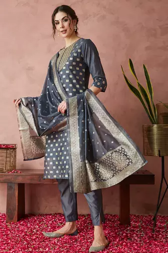 Rajgranth women's sequin work chanderi print straight side slit kurta set