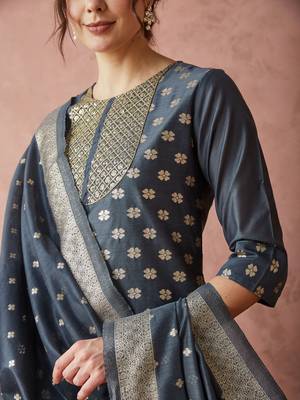 Rajgranth women's sequin work chanderi print straight side slit kurta set 4