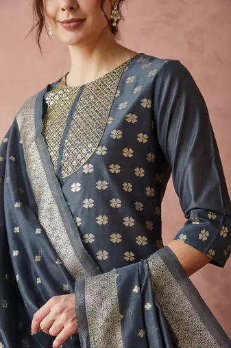 Rajgranth women's sequin work chanderi print straight side slit kurta set