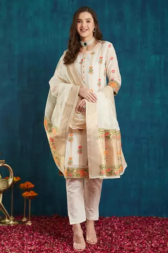 Rajgranth women's cotton chanderi fabric jacquard print kurta set with dupatta