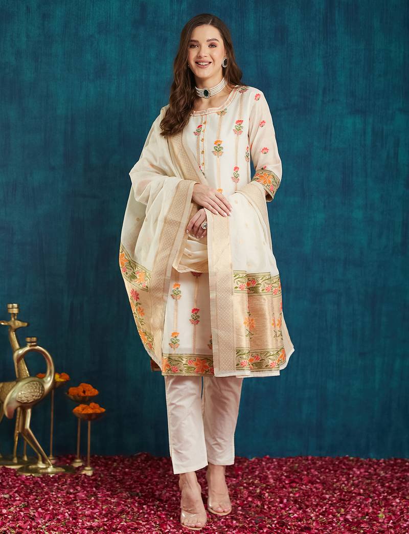 Rajgranth women's cotton chanderi fabric jacquard print kurta set with dupatta